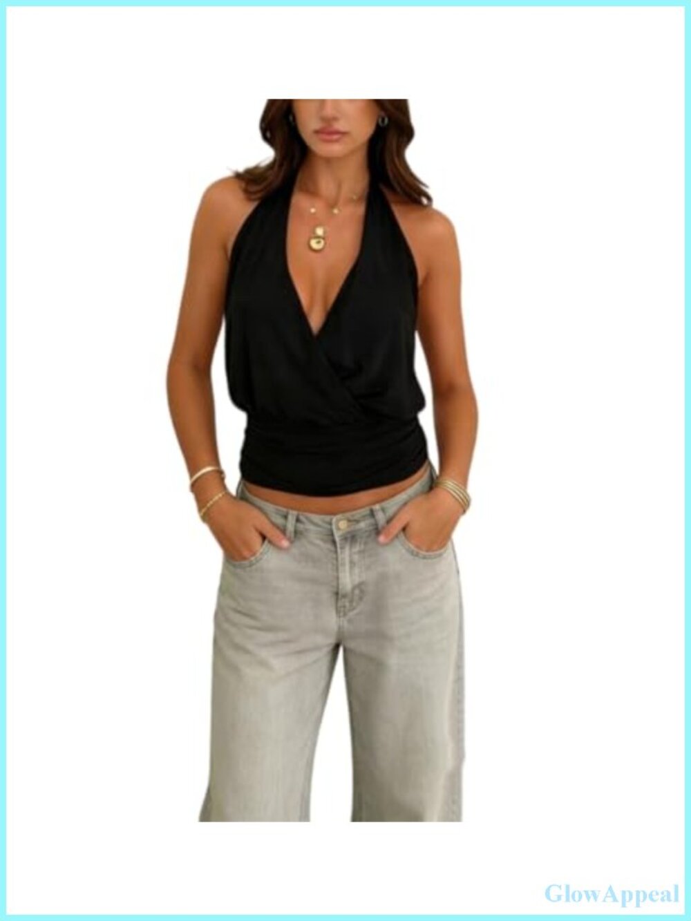 Women Halter Top Sexy Deep V Neck Open Back Sleeveless Crop Cami Summer